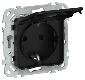 Розетка 1-м 16А С/У З/К со шторками с крышкой IP44 Черный FLITE